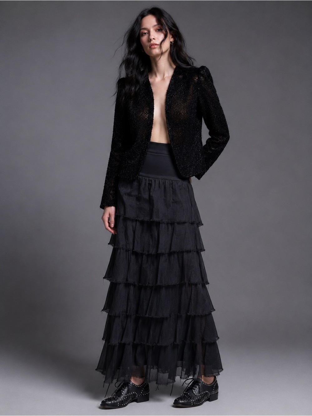 Dark Romantic Layered Maxi Skirt Goth Boho Witchy Festival Noir